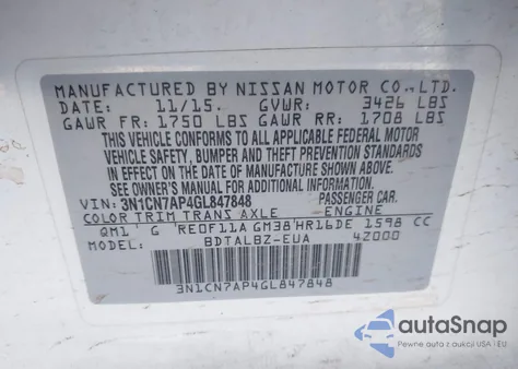 2016 Nissan Versa 1.6 Sv из США, поврежденный, VIN 3N1CN7AP4GL847848